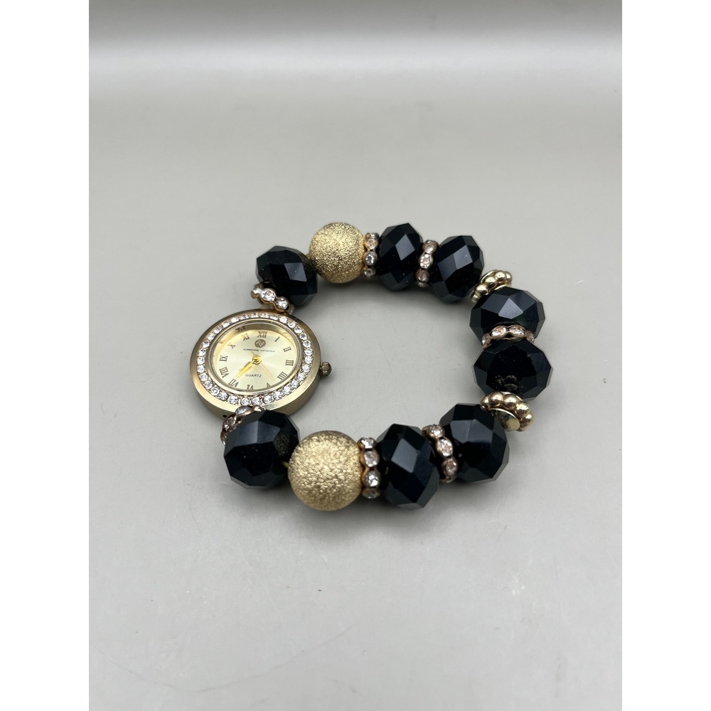 Adrienne Vittadini Women Quartz Watch Black Gold Bead Stretch Bracelet Untested